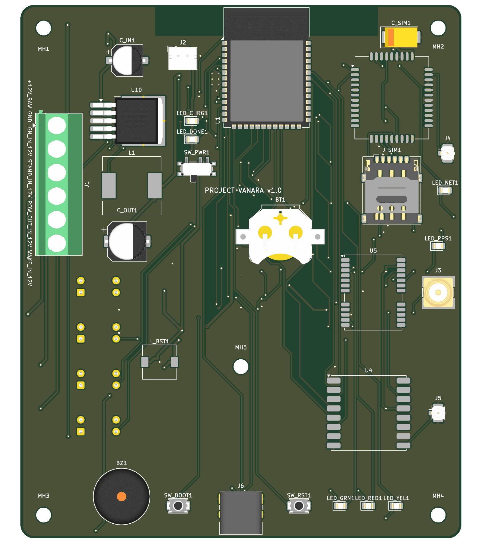 Project Vanara 4-layer automotive IoT crash detection and telemetry PCB 3D render